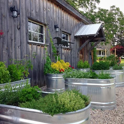 Restaurants and home cooking / kitchen gardens take note: This idea would make for a great restaurant herb garden for added curb appeal as well as fresh, organic food appeal too! Raised Veggie Gardens, Raised Herb Garden, Water Trough, Vegetable Garden Raised Beds, Building A Raised Garden, Trough Planters, Diy Raised Garden, Raised Garden Beds Diy, Stock Tank