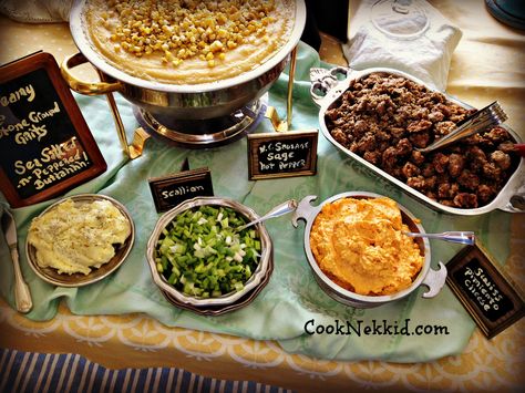 NC Grits Bar...creamy Johnston County grits topped with fresh summer roasted corn confetti, sea salt-n-pepper butter, chopped scallion, my Swiss Pimiento Cheese and local ground sage sausage and hot link sausage   CookNekkid.com Grits Bar, Grits Recipes, Cheese Grits Recipe, Graduation Bbq, Creamy Grits, Oyster Roast, Breakfast For A Crowd, Sage Sausage, Grits Recipe