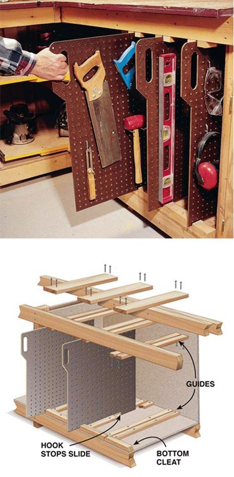 Slide Out Tool Storage Workshop Organisation, Workbench Organization, Storage Hacks Diy, Woodworking Organization, Workshop Organization, Diy Holz, Garage Tools, Shop Organization, Woodworking Jigs