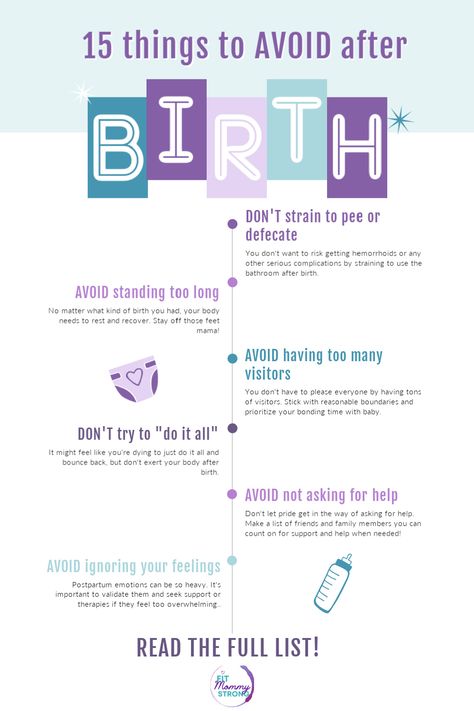 New moms are always being told what to do after birth for a smooth postpartum recovery, but what about the things they SHOULD AVOID after birth? This list will help break it all down for you whether you're expecting or recently gave birth! #birth #postpartum #newmom #momtips #laboranddelivery After Giving Birth Recovery Tips, Postpartum Help List, After Birth Recovery Postpartum Care, After Birth Care, Baby Charts, Postpartum Care Kit, Birth Recovery, Baby Delivery, Postpartum Health