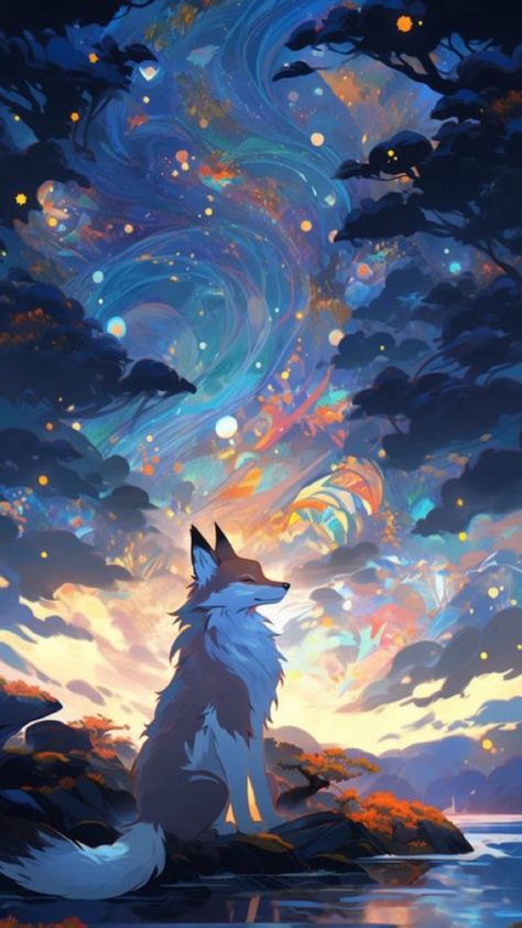 Fox Wallpaper Aesthetic, Cute Fox Wallpaper, Fox Background, Forest At Sunset, Fox Wallpaper, Starry Night Wallpaper, Night Wallpaper, Landscape Artwork, Fox Art