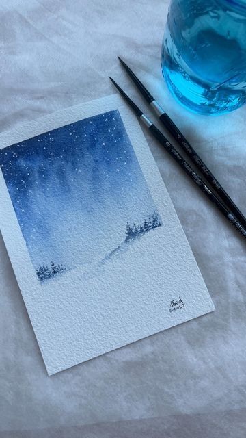 Winter Watercolor Paintings Easy, Watercolor Christmas Cards Diy Simple, Easy Winter Watercolor, Simple Watercolor Christmas Cards, Winter Watercolor Simple, Winter Card Ideas, Ink Christmas Cards, Watercolor Christmas Cards Ideas Simple, January Watercolor