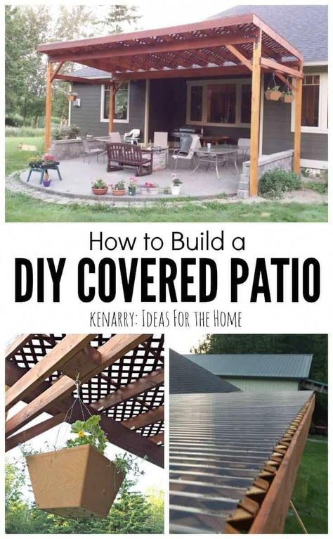 Beautiful idea for your backyard! How to build a DIY covered patio using lattice and wood to create a little shade from the sun. Diy Covered Patio, Diy Patio Cover, Backyard Covered Patios, Covered Patio Design, Outdoor Covered Patio, Diy Backyard Patio, Patio Pergola, Pergola Design, Patio Shade