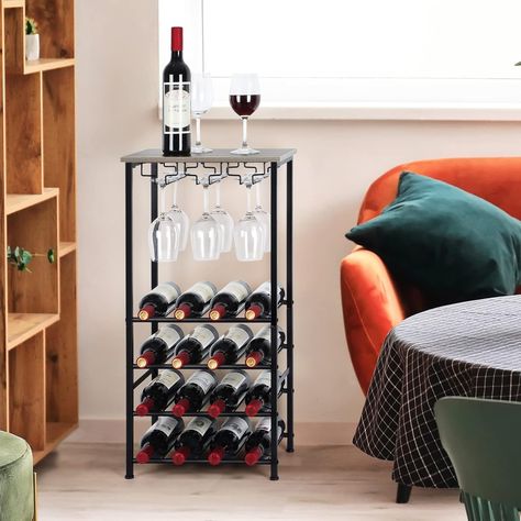 Wine Bottle Holder, Wine Rack Freestanding Floor With Glass Holder Rack, Wood Tabletop & 16 Bottles Table Table, Armoire