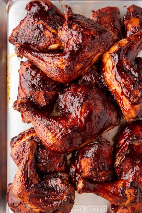 Traeger Smoked Chicken Thighs or Quarters Smoked Chicken Thighs, Smoked Chicken Quarters, Barbecue Chicken Thighs, Paleo Barbecue Sauce, Christmas Main Dishes, Grilled Peach Salad, Chicken Quarters, Creamy Peas, Chicken Rub