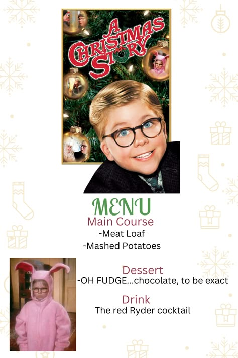 Christmas Story Movie Night, Christmas Movies And Dinner, Christmas Movie Recipes, Christmas Movie Dinner Ideas, A Christmas Story Party, Christmas Story Party Ideas, Christmas Dinner Themes, Movie Meals, Disney Movie Themed Dinner