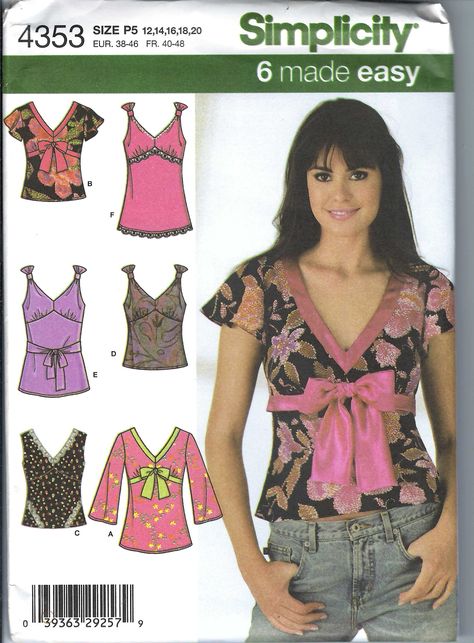 Uncut Simplicity Sewing Pattern 4353 V Neck Top High Shaped Waist, Sleeveless, Flutter/ Elbow Sleeves, Waist  Hip Length size 12-20  FF Uncut and in Factory Folded. Top Pattern Sewing, Women's Sewing Pattern, Sewing Projects Clothes, Top Sewing, Couture Mode, Top Sewing Pattern, Womens Sewing Patterns, Simplicity Sewing, Sewing Design