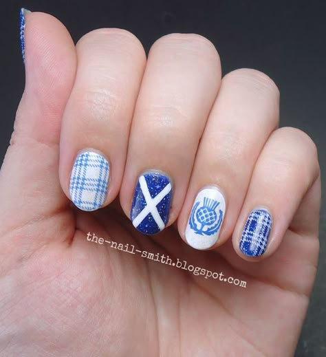 Nails For Scotland, Scottish Flag Nails, Scotland Inspired Nails, Scottish Themed Nails, Scotland Nail Design, Scotland Nails Art, Scottish Nail Designs, Scottish Nail Art, Scotland Nails