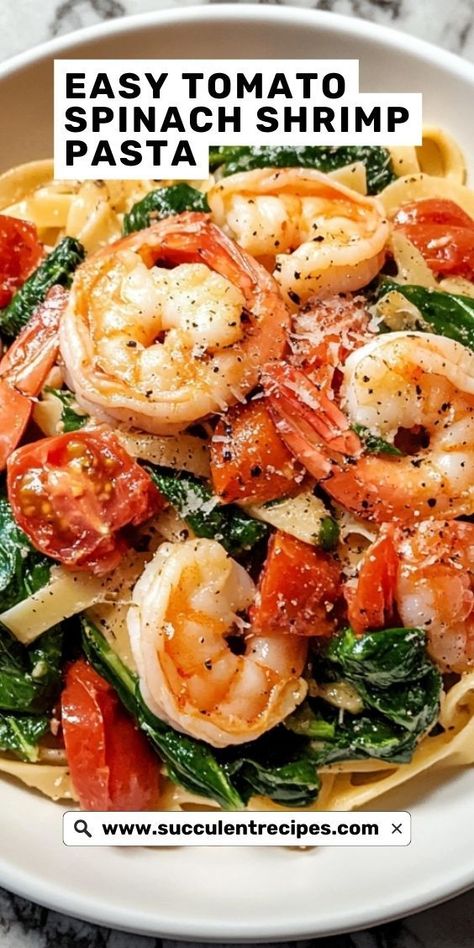 This Tomato Spinach Shrimp Pasta is a healthy, quick dinner that doesn’t sacrifice flavor. With plump shrimp, spinach, and a rich tomato sauce, it’s a simple yet satisfying dish the whole family will love. Healthy Dinner Recipes For Family Shrimp, Healthy Shrimp And Sausage Recipes, Healthy Shrimp Pasta Recipes Clean Eating, Shrimp Dishes Recipes Healthy, Spicy Shrimp Pasta Red Sauce, Pasta With Cherry Tomatoes And Spinach, Mediterranean Recipes Shrimp, Supper Meals Dinner Tonight, Shrimp Dinners Healthy