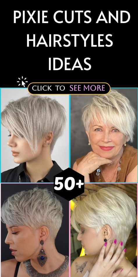 Discover the allure of pixie cuts for a fearless makeover that exudes self-assurance. Delight in the adaptability of pixie hairstyles to reveal your individual charm and trendsetting flair. Whether you lean towards a polished crop or a layered pixie, there's a style to complement any mood or occasion! Explore the endless possibilities with #PixieHair #HaircutInspiration #ExpressYourself. Blonde Asymmetrical Pixie, Pixie Tapered Back, Piecy Pixie Haircut, Short Hair Back View Pixie, Undercut Pixie Edgy Over 50, Side Shaved Pixie, Pixie Cut Fine Hair, Short Punk Hair Pixie, Stacked Pixie Haircut