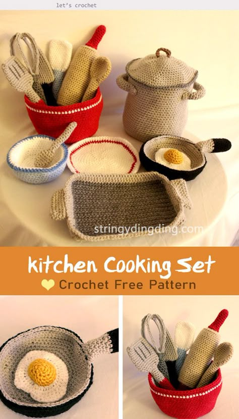 Kitchen Cooking Set Crochet Free Pattern #letscrochetfreepattern  #crochettoysforkids  #freecrochetpatterns Play Kitchens, Pola Amigurumi, Crochet Baby Toys, Crochet Food, Crochet Amigurumi Free Patterns, Crochet Kitchen, Crochet Amigurumi Free, Cooking Set, Haken Baby