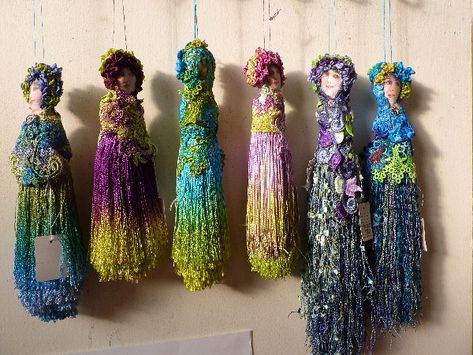 Tammy's tassel dolls | Suzanne Reynolds | Flickr Tassel Dolls, Spirit Art Dolls, Tassel Crafts, Textile Art Dolls, Zardozi Embroidery, Clothes Pin Crafts, Half Dolls, Spirit Dolls, Fabric Beads