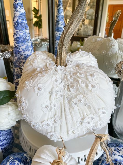 Gorgeous lace fabric with flowers and pearls are placed over a velvet pumpkin. Each pumpkin is hand made and has a natural stem from Nebraska. 6" Pumpkin ** These are delicate and are to be handled that way. The pearls on the bottom over time with improper handling could come off. Never carry pumpkins by the stem. ** Shabby Chic Fall Decor Ideas, Fancy Pumpkins, Gold Painted Pumpkins, Chic Fall Decor, Shabby Chic Pumpkins, Chinoiserie Pumpkins, Shabby Chic Fall, Elegant Pumpkins, Pumpkin Pin