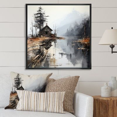 This beautiful "Minimalism Moody Lakehouse Overcast I" wall art is printed on premium quality cotton canvas using the finest fade-resistant ink. Enhancing the artwork's beauty and providing a sense of structure to your wall decor. Overall Size: 16" H x 16" W x 1" D, Format: Black Floater Framed | Millwood Pines Minimalism Moody Lakehouse Overcast I On Canvas Print 16.0 H x 16.0 W x 1.0 D in gray / black / brownCanvas | 16" H x 16" W x 1" D | Wayfair Brown Wall Art, Farmhouse Art, Green Home Decor, Farmhouse Wall Art, Black And White Canvas, Picture Frame Wall, Room Wall Art, Large Art, Wall Art Living Room