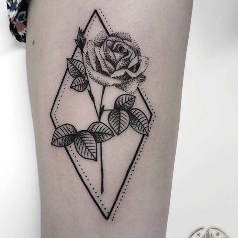 rhombus rose tattoo dotwork Rhombus Tattoo, Rose Tattoo On Hip, Realistic Rose Tattoo, Arm Tats, Rose Tattoos For Men, Tattoos Inspiration, Tattoo Rose, Best Tattoo Ideas, Skeleton Hand Tattoo