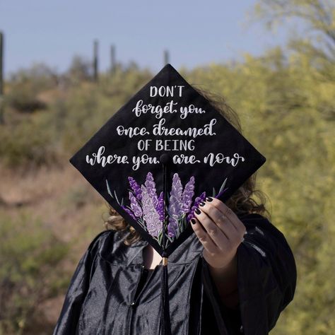 "**Please note that only the wording is customizable with this listing. If you are wanting the colors changed, different elements, different flowers, or anything else that changes the design please contact the shop before purchasing.** Our gorgeous Machine embroidered Grad Caps is a perfect way to top off your BIG DAY!   Each design is hand-drawn then digitized and lovingly embroidered to create your special unique cap.   We use quality fabrics and treads to ensure that your cap will remain a wo Graduation Cap Designs Grad School, Wildflower Graduation Cap, College Grad Cap Ideas Simple, Cap Decoration Graduation Business Major, Library Graduation Cap, Embroidered Grad Cap, Grad Cap Ideas Bookworm, Bachelor Cap Decoration, Short Quotes For Graduation Caps