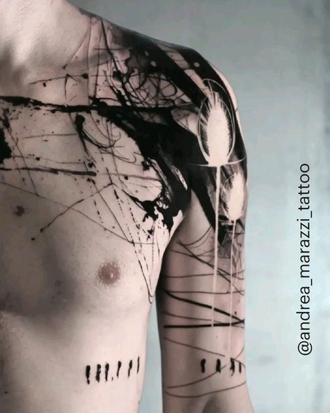 Splatter Tattoo Ideas, Tattoo Sleeve Men Design, Charcoal Tattoo, Ink Splatter Tattoo, Apocalyptic Tattoo, Aggressive Tattoo, Overlapping Tattoos, Upper Arm Sleeve, Splatter Tattoo