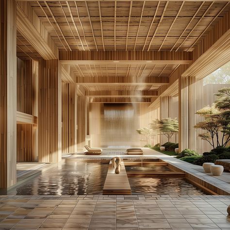 Zen suite meets summer vibes—self care spa day when? 🧘‍♀️🌱 - Eco-Friendly Japandi Style Hotel featuring Organic Architecture and Natural Materials located in the Heart of the Botanical Gardens. Inspired by Kengo Kuma 🎋 - #spadayeveryday #dreamhotel #earthyvibes #selfcaredays #kengokuma #japandidesign #hotelgoals #Organicarchitecture #luxuryspa #selfcareishealthcare #hotelliving #botanicalgarden Japandi Spa, Japanese Resort, Self Care Spa Day, Zen Architecture, Spa Architecture, Luxury Spa Design, Modern Japanese Design, Modern Lobby, Japanese Spa