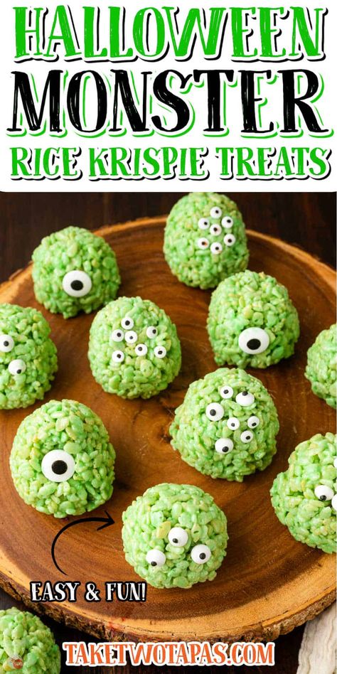 Halloween Treat Rice Krispie, Rice Krispie Treats Recipe Halloween, Halloween Food Rice Crispy Treats, Broccoli Halloween Food, Rice Crispy Treat Halloween, Monster Cereal Treats, Rice Krispie Treat Monsters, Rice Crispy Monsters, Rice Krispie Monster Treats