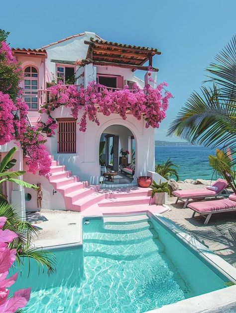 Caribbean Homes Exterior, Malibu Dream House, Pink Beach House, Florida Bungalow, Miami Beach House, Bahamas House, Bar House, Beach House Aesthetic, Caribbean Homes