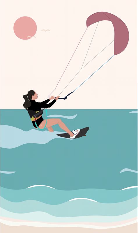 Kite Surfing Illustration, Kite Surfing Drawing, Kiteboarding Art, Kitesurfing Aesthetic, Surf Sketch, Surfer Painting, Surf Drawing, Kite Designs, Sport Illustration