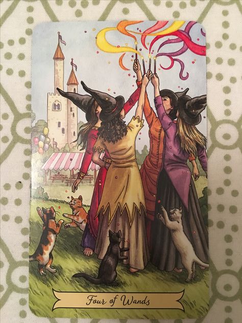 Everyday Witch Tarot ~4 of Wands~ Witches Tarot Cards, Kartu Tarot, Witches Tarot Deck, All Tarot Cards, Wands Tarot, Witch Coven, Witch Tarot, Tarot Meanings, Rider Waite Tarot