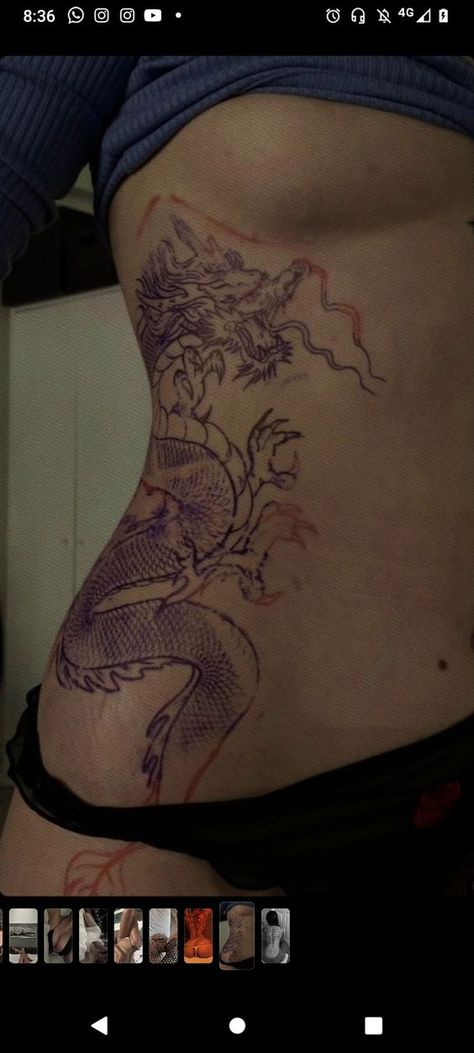 Side Dragon Tattoos Women, Female Waist Tattoo, Side Thigh Tattoos Dragon, Dragon Tattoo Side Stomach, Baddie Thigh Tattoos Side, Hip Tattoos Women Dragon, Dragon Tattoo On Stomach, Dragon And Lotus Tattoo, Thigh Tattoos Ideas For Women