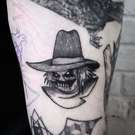 Scarecrow by Burpi (@ burpi_brebzy) #batmantheanimatedseries #scarecrow #btattooing #blacktattooart #onlyblackart #darkartists #iblackwork #tattsketches #batman #dccomics #burpi #brebzy #foudrenoire Scarecrow Tattoo, Scarecrow Batman, Batman Tattoo, Batman The Animated Series, B Tattoo, Scarecrow, Black Tattoos, Ink Tattoo, Skull Tattoo