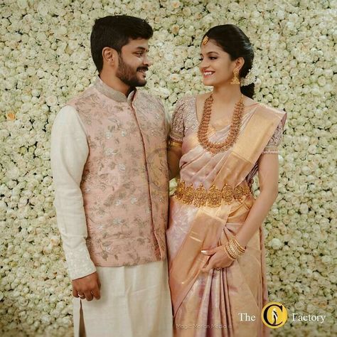 South Indian Engagement Outfit, Engagement Saree Look, South Indian Engagement, Indian Engagement Outfit, Engagement Couple Dress, Engagement Dress For Groom, Wedding Matching Outfits, Hand Embroidery Blouse, Engagement Saree