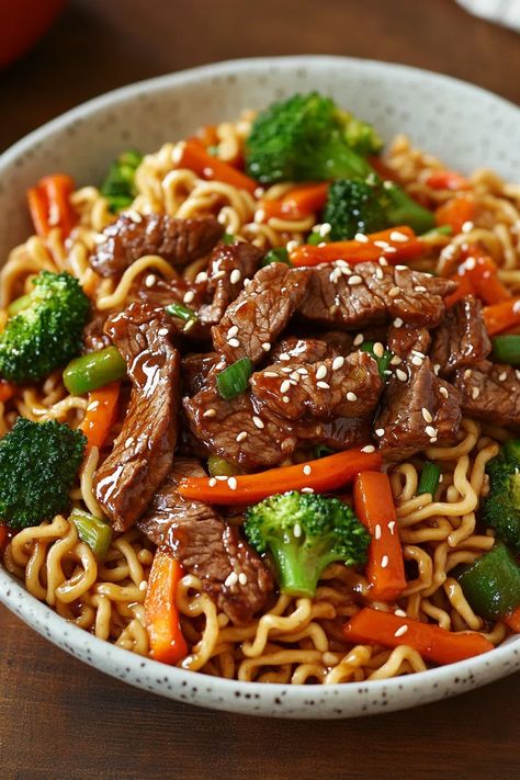 Mongolian Beef Stir-Fry with Ramen Ramen Stir Fry, Fusion Dishes, Crochet Angel, Mongolian Beef, Beef Stir Fry, Delish Recipes, Different Vegetables, Broccoli Beef, Beef And Noodles