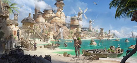 ArtStation - Indigenous village Fishing Village Concept Art, Village Concept Art, Steampunk Ship, Steampunk Characters, Fantasy Village, Fantasy Town, Fantasy Island, Fantasy City, Fantasy Art Landscapes