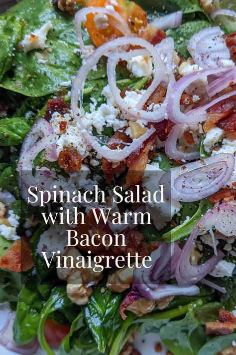 This spinach salad with warm bacon vinaigrette has it all. The warmed homemade sweet bacon vinaigrette coats every piece of fresh spinach. Then it is topped with more bacon, feta, walnuts, and shallots. It is the perfect balance of heathy and tasty. Warm Bacon Vinaigrette, Fresh Spinach Recipes, Wilted Spinach Salad, Spinach Salad Dressing, Sweet Bacon, Warm Bacon Dressing, Bacon Vinaigrette, Baby Spinach Salads, Hot Bacon Dressing