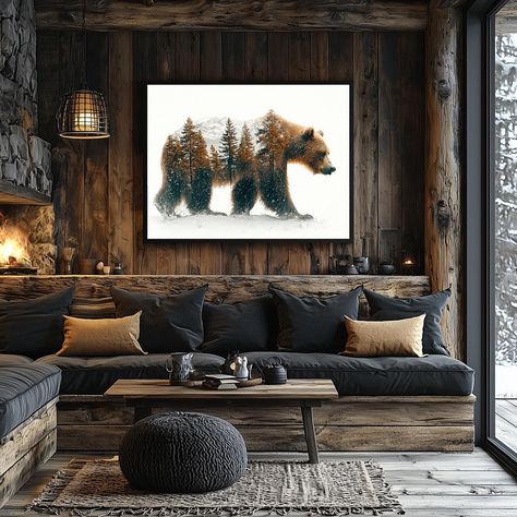 Enhance your living space with this captivating double exposure canvas art featuring a majestic grizzly bear intertwined with a stunning mountain and forest landscape. This unique artwork beautifully captures the essence of the wild, making it an ideal addition to any rustic, cabin, or farmhouse-themed décor. The grizzly bear, symbolizing strength and nature's raw power, stands as a focal point in this high-quality framed canvas print. Perfect for nature lovers and those seeking to bring a touch Woodland Living Room Decor, Cabin Room Aesthetic, Mountain Cabin Decorating Ideas, Cabin Wall Ideas, Cabin Interiors Living Room, Mountain House Living Room, Cabin Interiors Cozy, Mountain Cabin Interior, Luxury Cabin Interior