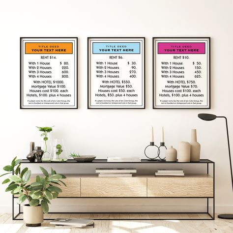 Monopoly Property Cards, Monopoly Theme, Monopoly Art, Custom Monopoly, Monopoly Cards, Board Game Room, Kid's Playroom, Game Room Wall Art, Poker Room