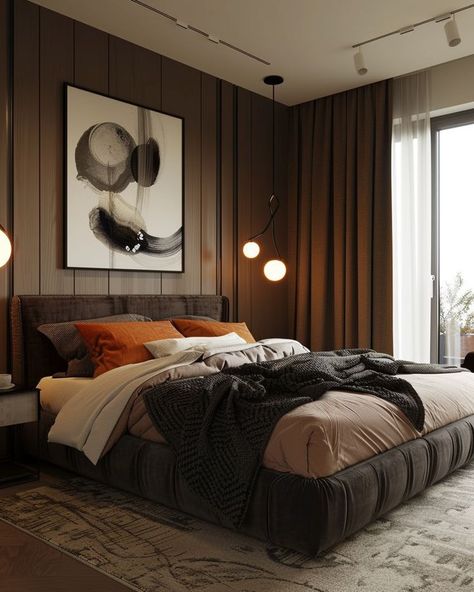 Dark Wood Decor, Cozy Bedroom Neutral, Modern Cozy Bedroom, 2024 Bedroom, Bedroom Neutral, Minimalist Bedroom Ideas, Modern Bedroom Ideas, Dream Bedroom Inspiration, Masculine Bedroom