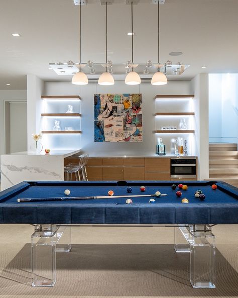 H • Instagram Modern Billiard Room, Luxury Game Room, Modern Game Room, Modern Pool Table, Portfolio Photo, Cove Lighting, Holly Hunt, Modern Pools, Basement Design