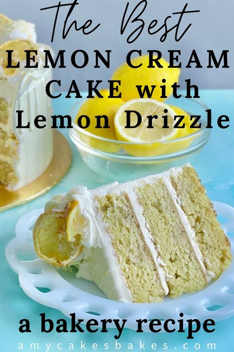 This Lemon Cream Cake bakery recipe (a.k.a. Lemon Drizzle Cake) is buttery, moist, and full of fresh lemon zest. The cake is drizzled generously with an easy fresh lemon glaze and frosted with a lemon cream cheese buttercream frosting. The lemon glaze soaks into the cake for a very moist texture. I owned Amycakes Bakery for 11.5 years and now I'm sharing my bakery recipes! Follow for new bakery recipes shared weekly! Delicious Lemon Cake, Lemon Cream Cake, Bakery Style Cake, Moist Lemon Cake, Lemon Drizzle Cake, Lemon Drizzle, Lemon Glaze, Pecan Pie Recipe, Lemon Cream