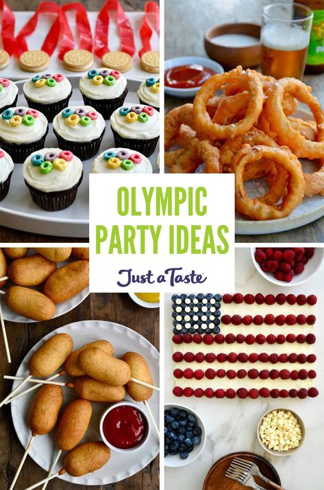 Olympic-Themed Party Ideas Olympic Party For Kids, Olympic Themed Desserts, Olympic Theme Food Ideas, Olympic Appetizers, Olympic Food Ideas, Olympic Party Ideas, Olympic Themed Snacks, Olympic Cupcakes, Olympic Desserts