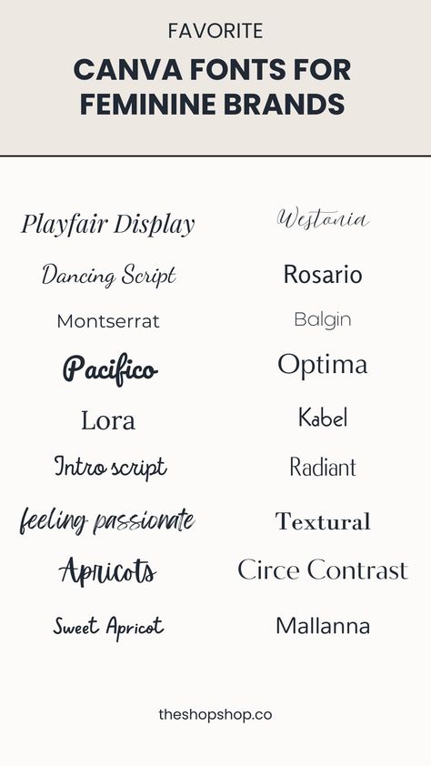 One our our team members, Jess talks about her favorite Canva fonts for feminine brands. Tell her your favorites. Girly Branding, Feminine Fonts, Canva Fonts, Feminine Branding, Brand Voice, Team Members, Elegant Font, Market Shopping, Gender Identity