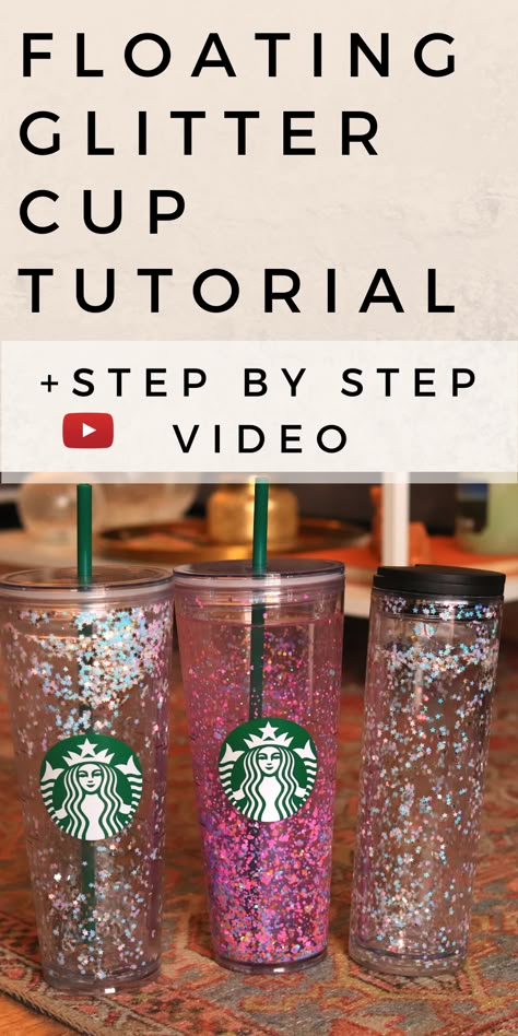 diy floating glitter cup Starbucks Clear Cup Designs, Diy Starbucks Tumbler, Clear Acrylic Tumbler Ideas, Glitter Starbucks Cup Diy, Glitter Cups Diy, Glitter Cups Tumblers Ideas, Snow Globe Tumbler Diy, Snowglobe Tumbler Diy, Diy Tumbler Cups Tutorials