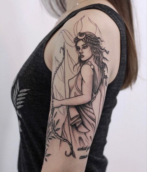 Greek Mythology Tattoos Artemis, Sagittarius Woman Tattoo, Diana Goddess Tattoo, Greek Goddess Tattoo Artemis, Artemis And Apollo Tattoo, Goddess Diana Tattoo, Artemis Tattoo Design, Sagittarius Goddess Tattoo, Tattoo Design Greek Mythology