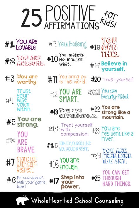 50 Positive Affirmations for Kids: Using Positive Self-Talk as a Coping Skill - WholeHearted School Counseling Prek Affirmations, Positive Learning Affirmations, Back To School Affirmations For Kids, Positive Jar Ideas, Positive Mantras For Kids, Positive Afirmations Kids, Middle School Positive Affirmations, Therapy Quotes Counseling Positive Affirmations, Pre K Affirmations