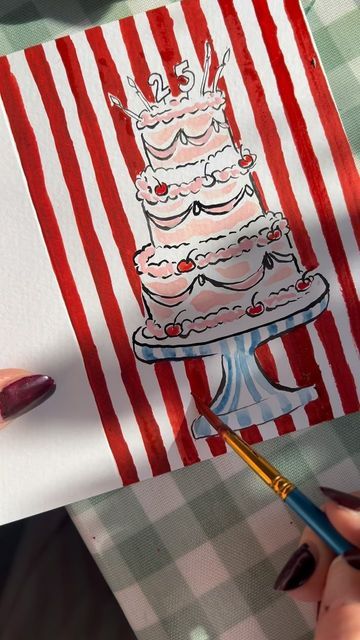 Elsa Gladstone on Instagram: "My mott: Add stripes to any little sketch and it will always look cute!   #birthday #card #greetingcards #tutorial #easyart #painting #illustration #paint #ink #birthdaycard" Cute Birthday Painting Ideas, Easy Birthday Paintings, Detailed Birthday Card, Handmade Card Birthday, Greeting Card Handmade Ideas, Striped Cake Ideas, Gift Card Handmade, Painting Present Ideas, Birthday Cake Card Ideas