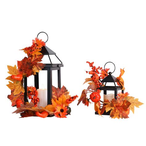 PRICES MAY VARY. 🍁【SET OF 2 LED FALL LANTERN】DECORKEY large square lanterns are hand painted with a distinguished, rustic metal finish effect. Black & copper metal features a distressed brushed look. Vintage design will add classic beauty and create an elegant look. The lanterns are twisted pumpkin maple vines, turn on the LED candle to create an autumn atmosphere of gratitude and harvest, bringing warmth and good wishes to family and friends. 🍁【UNIQUE DESIGN】The sides of the cleverly designed Fall Lantern Centerpieces, Fall Lantern Decor, Fall Decorations For Home, Fall Lanterns, Lantern Centerpiece Wedding, Fall Lantern, Lantern Decor, Cozy Halloween, Lantern Ideas