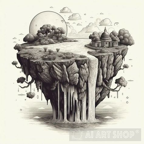 Floating Island Drawing, Island Drawing, Floating Island, Mystical Forest, Island House, Mural Ideas, Drawing Easy, Cartoon Art Styles, Preschool Crafts