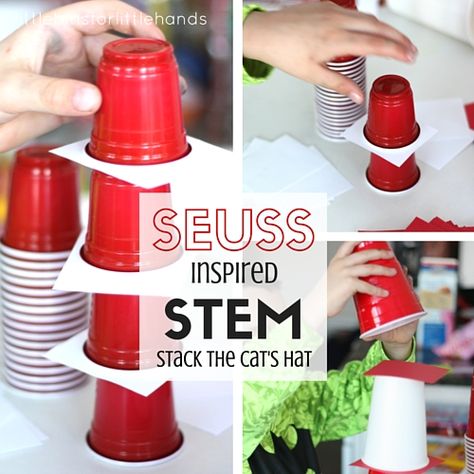 Turn a classic STEM challenge into a Dr Seuss STEM challenge. Stack the Cat's hat with a fun Cup Stacking STEM challenge for kids of all ages. Dr Seuss Stem, Dr Seuss Math, Storybook Stem, Bartholomew And The Oobleck, Stem Night, Simple Stem Activities, Cup Stacking, Dr Seuss Preschool, Kindergarten Stem