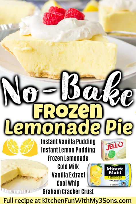 Frozen Lemonade Pie is a yummy no-bake dessert that takes just 10 minutes to prep. It combines frozen lemonade with creamy pudding and Cool Whip on a graham cracker crust. #Dessert #Recipes Frozen Lemonade Dessert, Bbq Side Desserts, Frozen Lemonade Pie Recipe, Summer Crisp Dessert, No Bake Desserts Lemon, Lemonade Cheesecake No Bake, Lemon Cool Whip Pie, No Bake Lemonade Pie, Frozen Lemon Pie