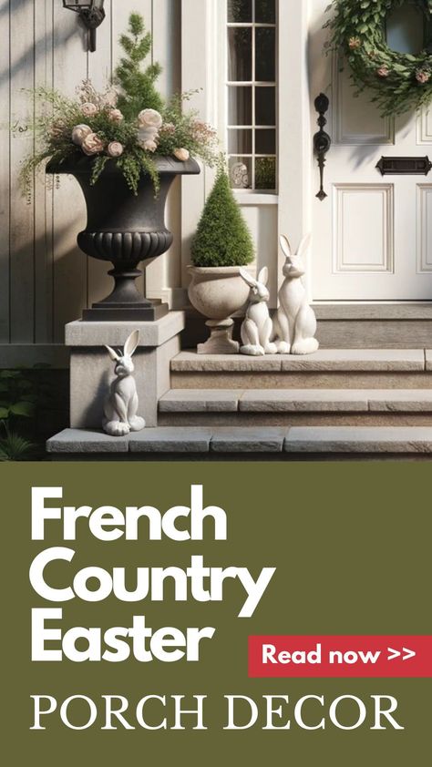 Transform your porch into a charming Easter haven with delightful French Country Easter Porch Decor. Explore rustic yet elegant ideas that will make your outdoor space come alive. Dive into the world of French Cottage Easter Decor for a porch that exudes Easter charm. French Porch Ideas, Front Porch Easter Decorations Ideas, French Country Front Porch Ideas, Easter Entryway Table Decor, Easter Porch Decor Outdoor, French Country Entryway Ideas, Easter Front Porch Decorations, French Country Easter, Easter Dining Table Decor