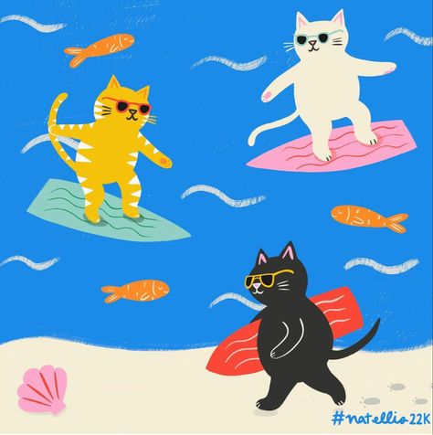 Cat Cooking Illustration, Summer Cat Illustration, Summer Cat Drawing, Funny Cat Illustration, Cat Surfing, Summer Drawings, Cats Art Drawing, Diy Pottery Painting, Cat Summer