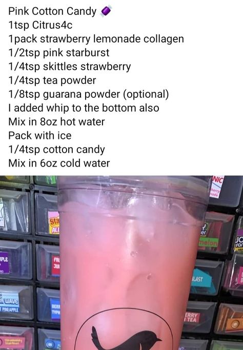 Cotton Candy Loaded Tea, Swig Drinks, Guarana Powder, Teas Recipes, Energy Tea Recipes, Tea Recipes Diy, Loaded Teas, Pink Starburst, Loaded Tea